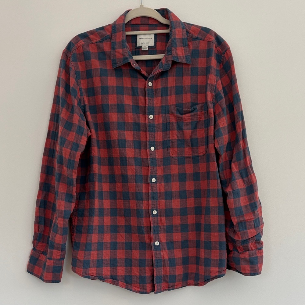 American Eagle Blue and Salmon Plaid Button-Down Shirt